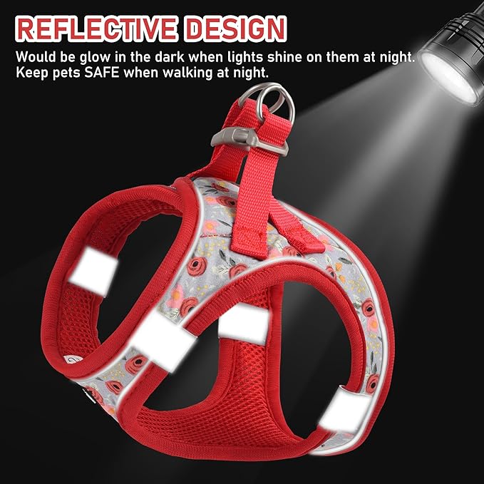 GAMUDA Small Dog Harness Collar and Leash Set, Step in No Chock No Pull Soft Mesh Adjustable Dog Vest Harnesses Plaid Reflective for Dogs Puppy Cats Kitten Rabbit (Red Flower, XL)