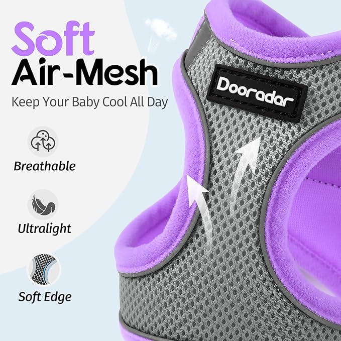 Dooradar Cat Harness and Leash Set, Escape Proof Lightweight Kitten Harness, Soft Breathable Reflective Vest for Outdoor Walking Traveling, Adjustable for Small Cats, Grey & Purple, S
