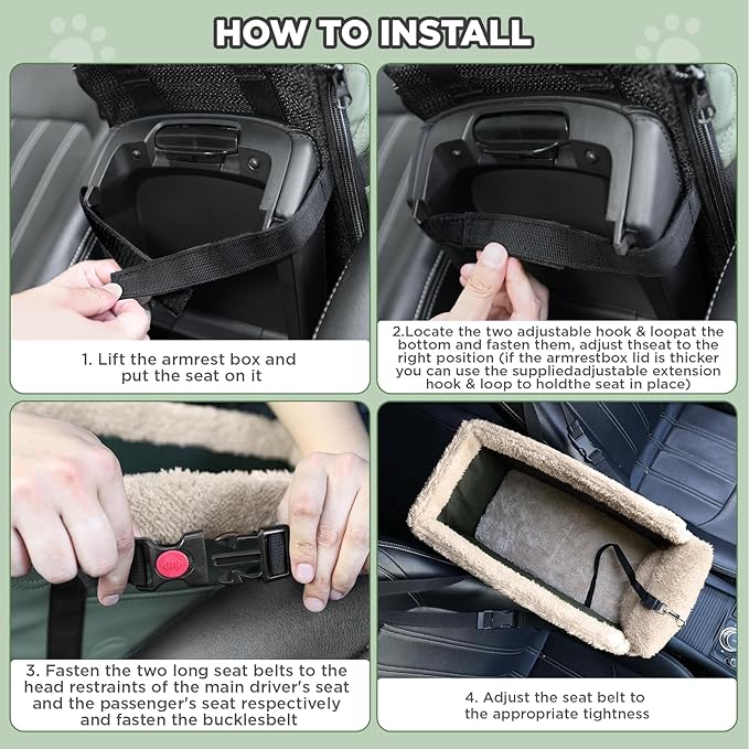 Center Console Dog Car Seat for Small Dogs,PU Leather Small Dog Car Booster Seat,Washable Foldable with Safe Protection Hooks Adjustable Straps and Storage Pocket Pet Up to 15lbs-Green