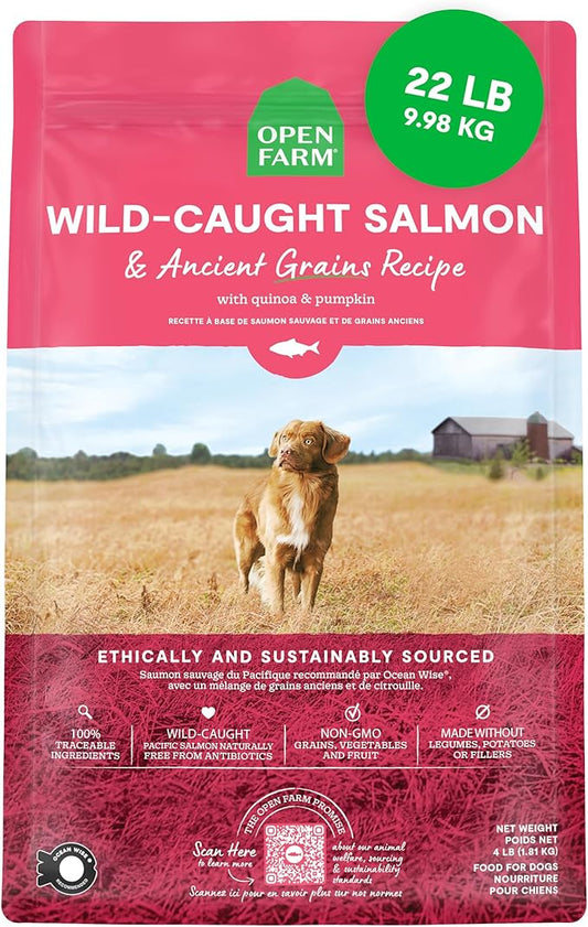 Open Farm, Ancient Grains Dry Dog Food, Protein-Rich & Nutrient Dense, 90% Animal Protein Mixed with Non-GMO Fruits, Veggies and Superfoods, Wild Caugh Salmon Recipe, 22lb Bag