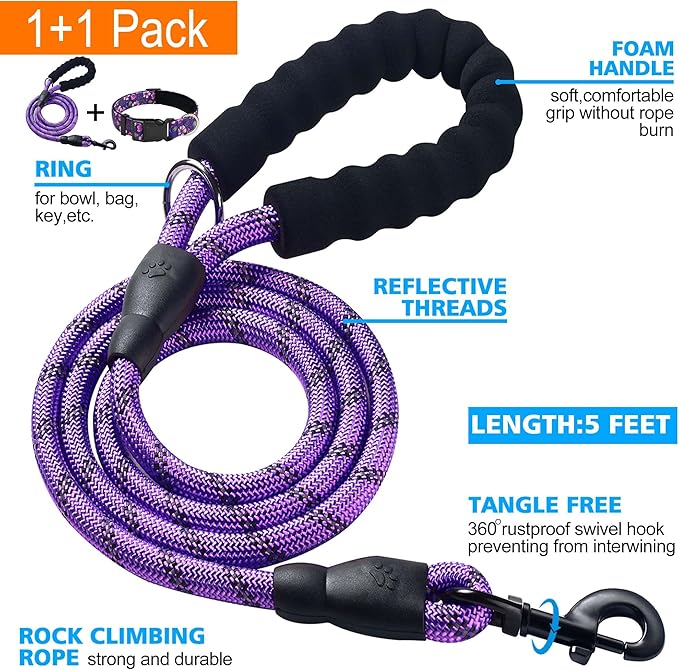 Reflective Dog Collar Padded with Soft Neoprene Breathable Adjustable Nylon Dog Collars for Small Medium Large Dogs (Medium (Pack of 1), Purple/Pink Floral Collar+Leash)