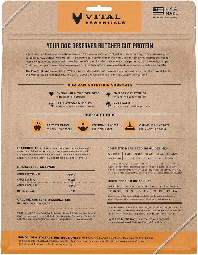 Vital Essentials Freeze-Dried Raw Pork Entree & Mixer Dog Food Soft Nibs | 99% Pork, Organs & Bone | 14 oz