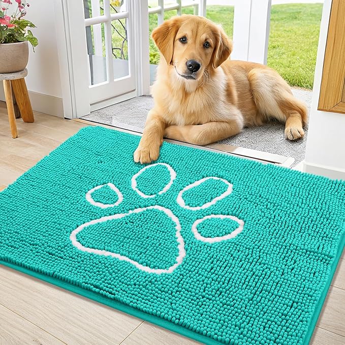 Smiry Dog Door Mat for Muddy Paws, Absorbent Dirt Trapper Non Slip Quick Dry Washable Chenille Mat for Mud Dogs, Entry Rug for Indoor and Outdoor (36x24 Inches, Turquoise)