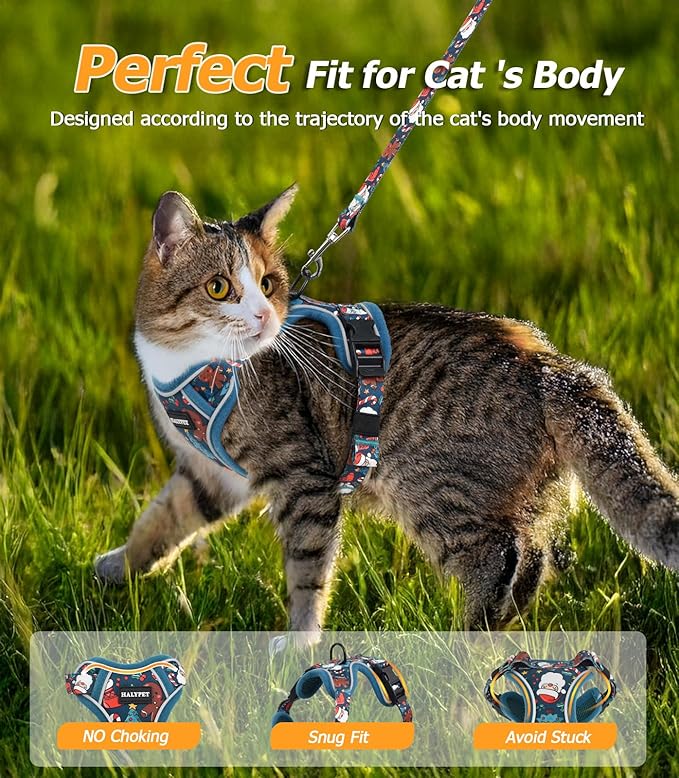 Halypet Cat Harness and Leash Set [MAX Safety 4th-Gen Upgrade] Escape Proof Adjustable Cat Leash Comfortable Soft Vest Easy to Wear Kitten Harness with Reflective Strip for Cats Walking, M Night Blue