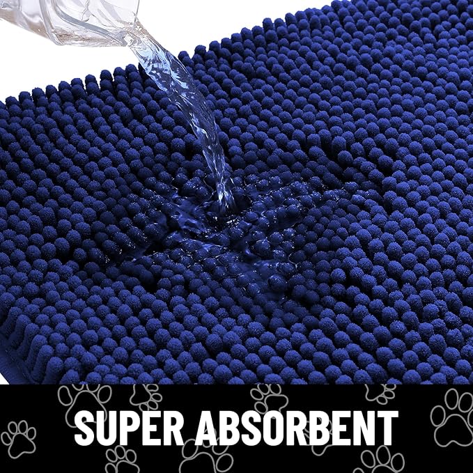 Smiry Dog Door Mat for Muddy Paws, Absorbent Dirt Trapper Non Slip Quick Dry Washable Chenille Mat for Mud Dogs, Entry Rug for Indoor and Outdoor (40x32 Inches, Navy Blue)
