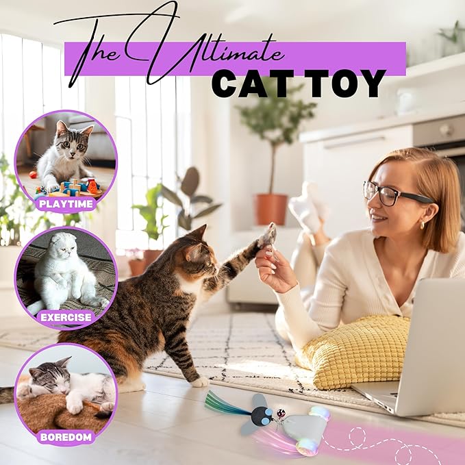 Rolling Rover – Interactive Cat Toy with RGB Wheels, Automatic Moving Mouse-Shaped Design, Feather Butterfly and Bell Attachments, Smart Motion Activated for Indoor Cats & Kittens (Pink)