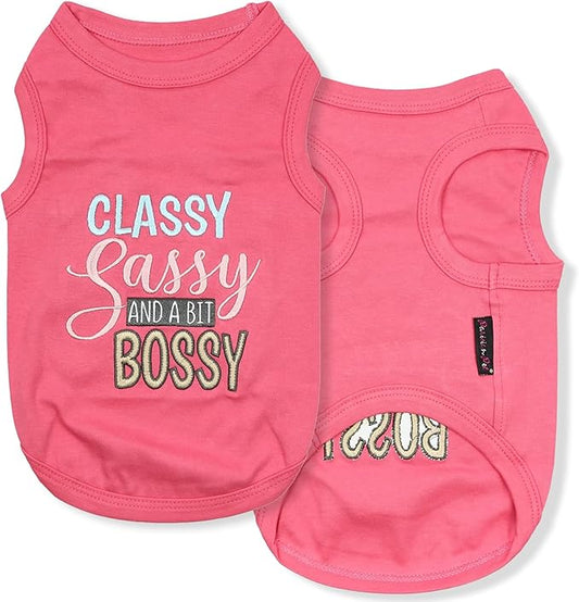 Parisian Pet 'Classy, Sassy & Bit Bossy' Cotton Dog T-Shirt - Pink, Machine Washable, Large Dog Shirt