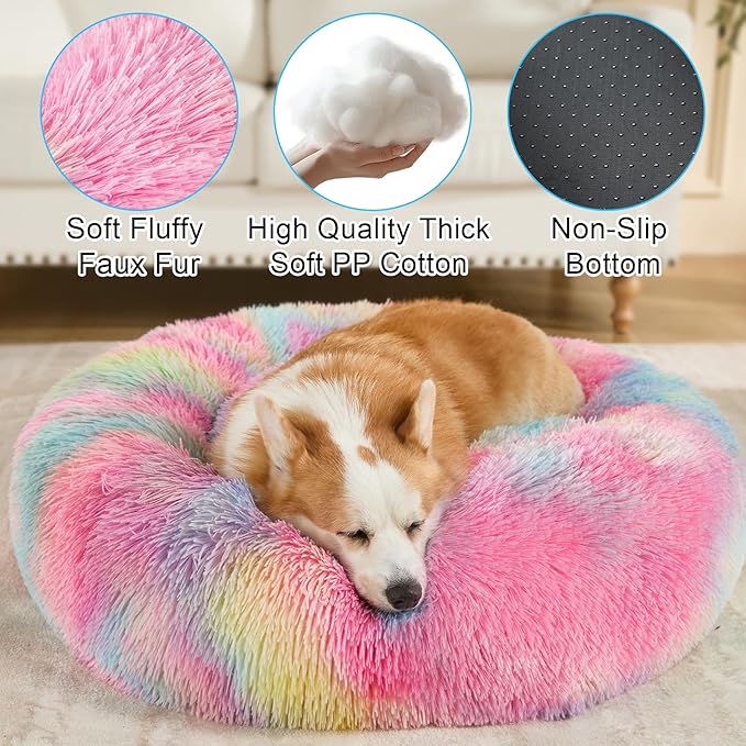 Dog Calming Beds for Small Medium Large Dogs - Round Donut Washable Puppy Dog Bed, Anti-Slip Faux Fur Fluffy Donut Cuddle Anxiety Cat Pet Bed(36'' Color)
