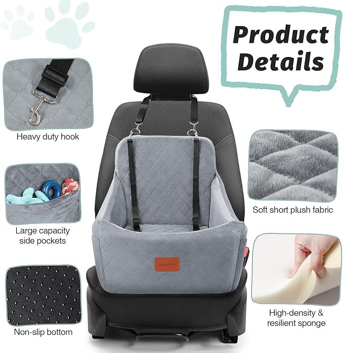 Dog Car Seat for Medium Dogs Up to 35lbs,Fully Detachable and Washable,Easy to Install with Adjustable Straps,Anti-Slip Bottom Travel Car Bed for Pets,2 Side Pockets(Grey,Medium)