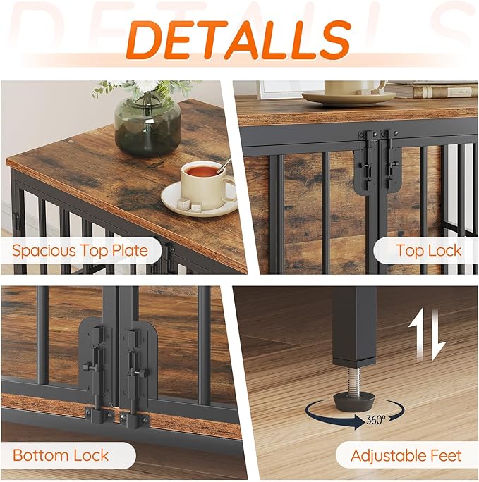 HOOBRO 38.6" Dog Crate Furniture, Wooden Dog Kennel Indoor, Heavy Duty Dog Cage for Small/Medium Dog, Decorative Side End Table, Rustic Brown and Black BF100GW03