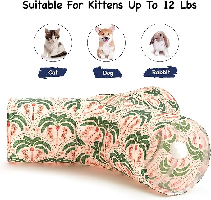 Tempcore Pet Cat Tunnel Tube Cat Toys 3 Way Collapsible, Cat Tunnels for Indoor Cats，Kitty Tunnel Bored Pet Toys Peek Hole Toy Ball Puppy, Kitty, Kitten, Rabbit Khaki Coconut Tree