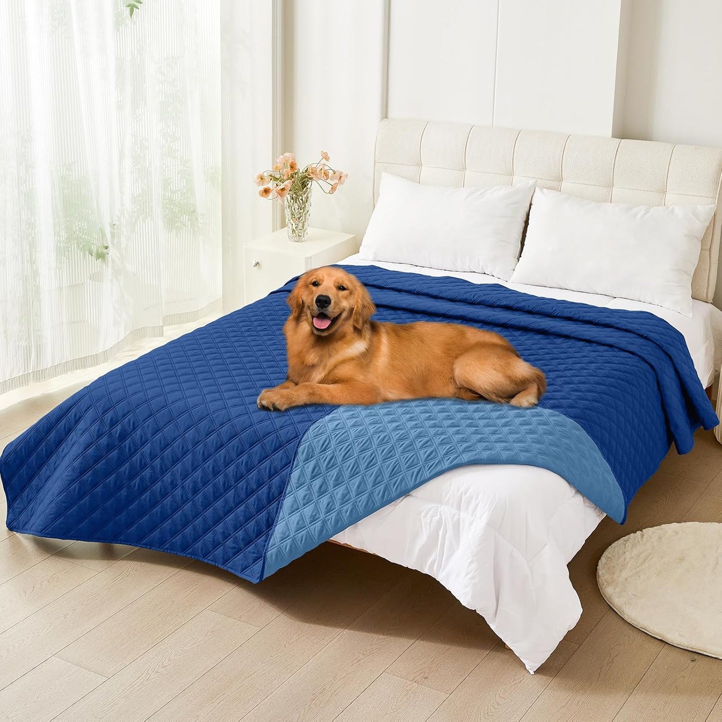 Smiry Waterproof Dog Bed Cover Pet Blanket, Soft Washable Dog Blanket for Furniture Bed Couch Sofa Reversible, Checkered (82"x82", Navy/Blue)