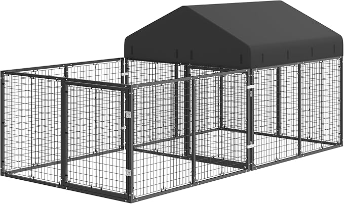 Outdoor Dog Kennel with Dog Fence for Medium/Small Dogs Anti-Rust Coating Cage with Roof All Weather Resistant Dog House with Double Locks