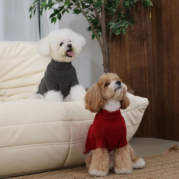 Dog Medium Sweater, Winter Christmas Sweater for Dogs, Solid Color Classic Cable Knit Clothes for Cold Weather, Warm Turtleneck Knitwear Short Sleeves for Outdoor Playing