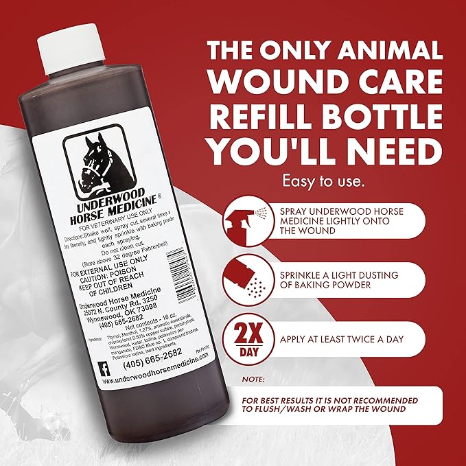 Underwood Topical Horse Care Wound Spray - 16oz Refill Horse Wound Care Horse Essentials for Quick Healing of Cuts – Horse First Aid Kit & Wound Care for Dogs – Equine First Aid Kit & Dog Wound Heal