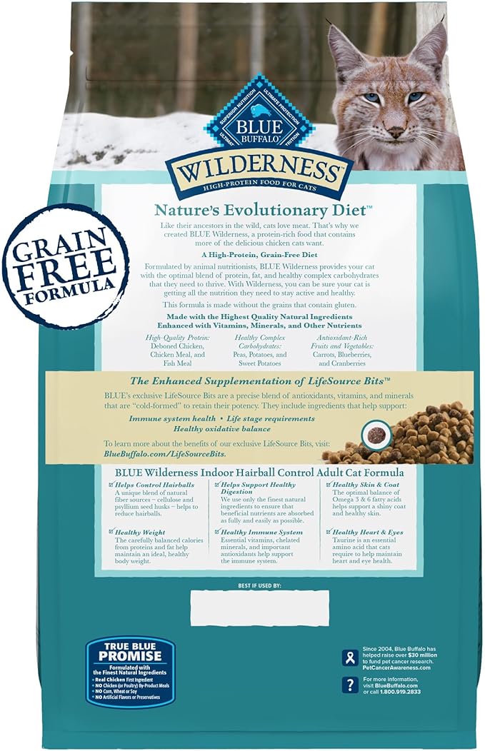 Blue Buffalo Wilderness Natural Hairball Care Dry Cat Food for Indoor Cats, High-Protein & Grain-Free Formula, Chicken, 5-lb. Bag