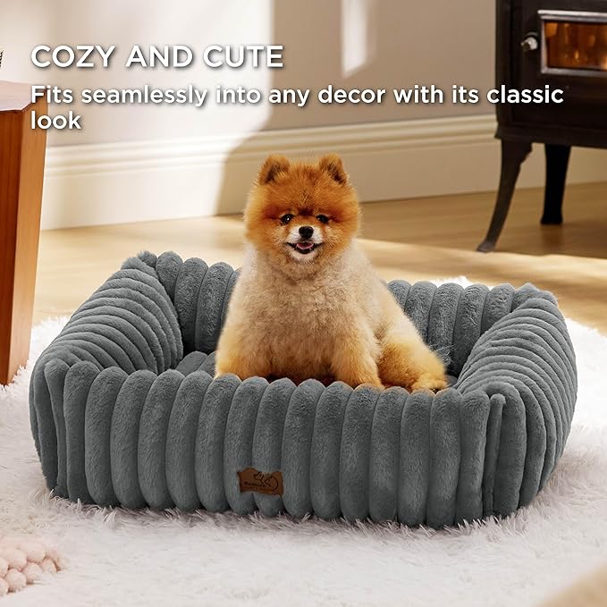 Bedsure Cute Dog Bed for Small Medium Dogs - Washable Furry Puppy Beds, Rectangle Orthopedic Corduroy Fleece Pet Beds with Removable Zipper Cover, 25x21x7inches, Warm Grey