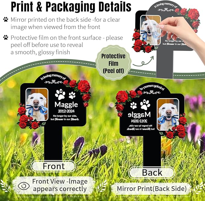 Personalized Dog Memorial Plaque - Weatherproof Acrylic Pet Grave Marker for Outdoor Cemetery, Garden & Yard, Custom Pet Loss Gift with UV Printed Design