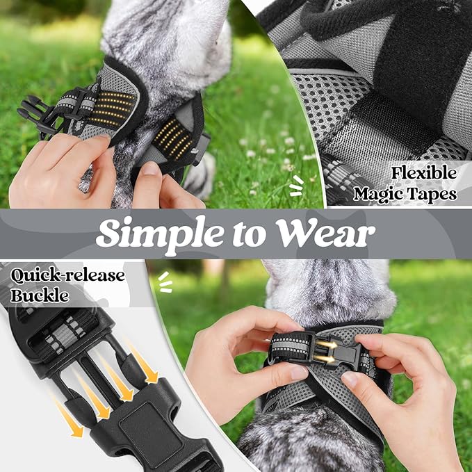 rabbitgoo Cat Harness and Leash Set for Walking Escape Proof, Adjustable Soft Kittens Vest with Reflective Strip for Cats, Comfortable Outdoor Vest, Grey, L