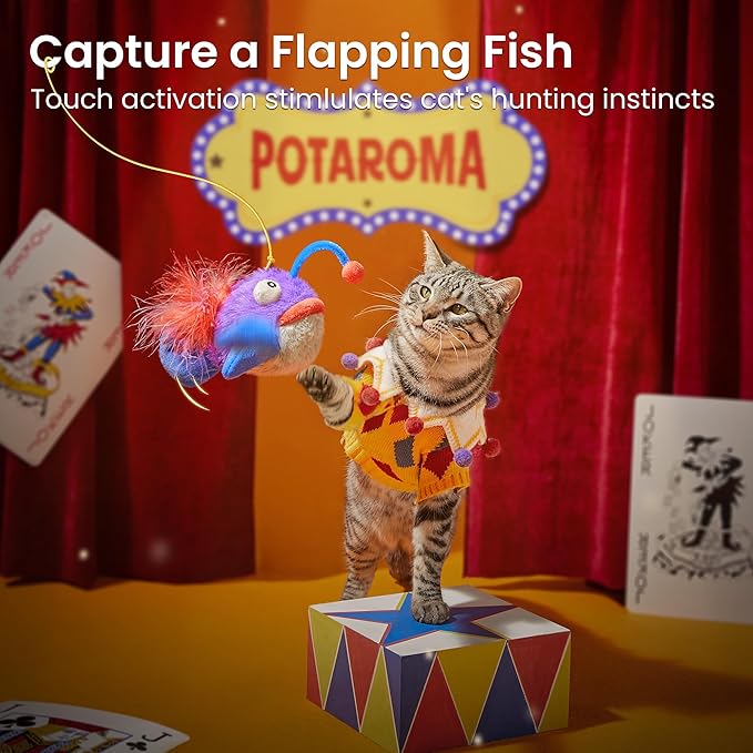 Potaroma Cat Toys Flapping Fish, Interactive Realistic Anglerfish Toy Stuffed with Catnip and Crinkle Paper Hangable Design for Bored Indoor Kittens 5.5 Inches