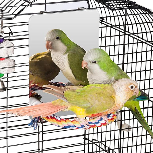Colorday 7" Bird Mirror with Rope Perch, Bird Swing, Parrot Cage Toys for Parakeet African Grey Conure Cockatiel Lovebird Finch Canarie, Medium