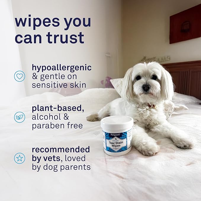 Petpost Tear Stain Remover Wipes for Dogs | 100 Count Gentle Eye Wipes with Juniper Berry & Coconut | Dog Face Wipes for Tear Stains & Eye Discharge | Soft Cotton Pads, Bleach Free