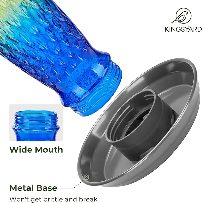 Kingsyard Bird Water Feeder for Outside, 24 Ounce, Glass Bird Water Dispenser with Metal Hanging for Garden Yard Outside Decoration, Green & Blue