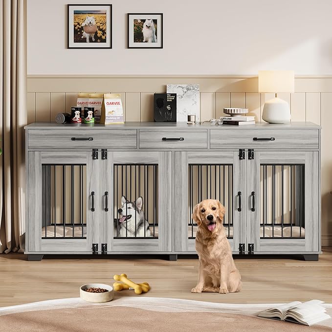 GarveeLife 71 in Dog Crate Furniture for 2 Rooms, Wooden Double Crate Large Breed with Door, Dog Kennel Indoor, TV Stand End Table with Divider for Large Medium Dogs,Grey