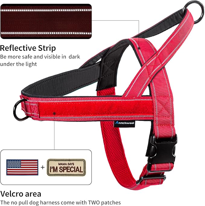Annchwool No Pull Dog Harness with Soft Padded Handle,Reflective Strip Escape Proof and Quick Fit to Adjust Dog Harness,Easy for Training Walking for Small & Medium and Large Dogs(Red,L)