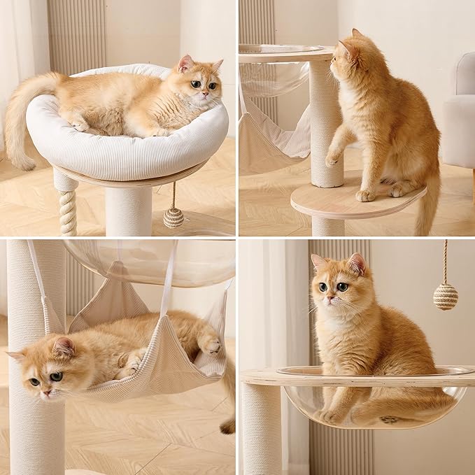 Modern Cat Tree Tower with Hammock for Indoor, Multifunctional 41-in Spacious Cat Tower with Bed, Space Capsule, Dangling Ball, Interactive Rope, Scratching Post