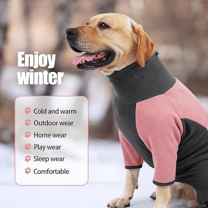 Dog Winter Coat, Warm Fleece Jacket, Windproof Pullover Bodysuit, Fullbody Pajamas Onesie, Cold Weather Clothes for Medium Large Dog (Small, Pink)
