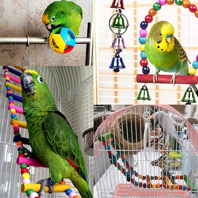 Hamiledyi Bird Parrot Swing Chewing Toy Set 15PCS Wooden Hanging Bell with Hammock Climbing Ladders Colorful Pet Birds Cage Toys for Small Parakeet Cockatiel Finches Conures Budgie Macaws Love Birds