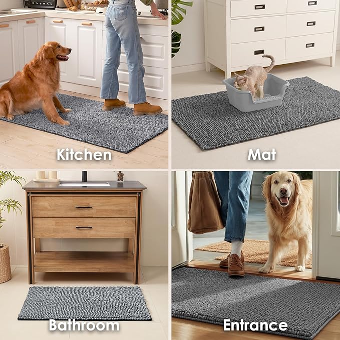 EHEYCIGA Super Absorbent Dog Door Mat for Muddy Paws 60x36 Inch Indoor, Front Doormat Outside Entrance, Quick Dry Chenille Washable Dog Crate Bed, Non-Slip Pet Rug Mud Mat Outdoor Entryway, Grey