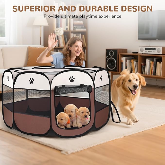 Pop-up Playpen for Puppy, Portable and Foldable Exercise Kennel Tent Crate Indoor/Outdoor Travel Camping, Removable Zipper Top