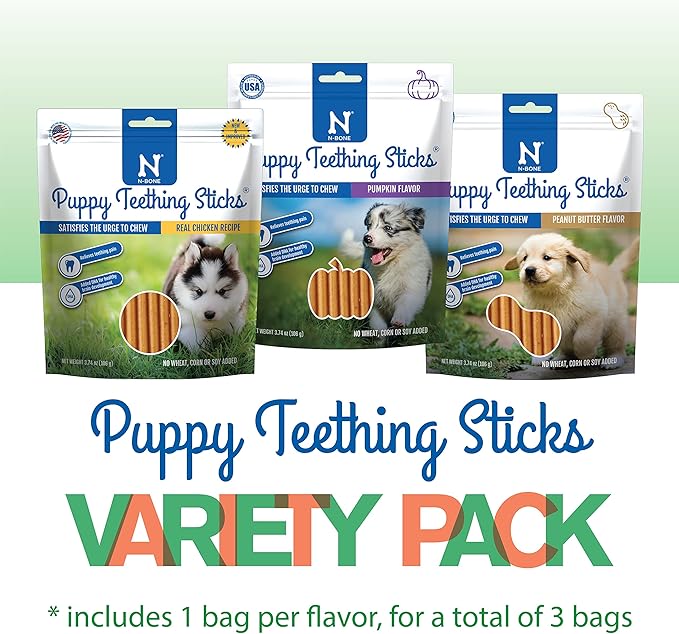 N-Bone Puppy Teething Sticks Variety Pack, Chicken & Pumpkin & Peanut Butter Flavor, Total 3 Bags, 11.22-oz