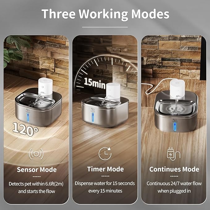 Cordless Cat Water Fountain Stainless Steel: 108 oz/3.2L Water Fountain for Cats Dogs Indoor - Battery Operated Pet Water Fountain Rechargeable - Automatic Cat Water Dispenser with Motion Sensor