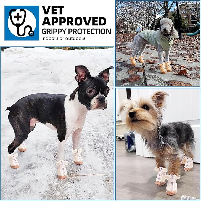JZXOIVA Dog Shoes for Small Dogs, Fleece Dog Boots Paw Protector for Comfort and Warmth, Dog Booties with Anti-Slip Sole for Winter Snow Hardwood Floors Walking Brown Size 3