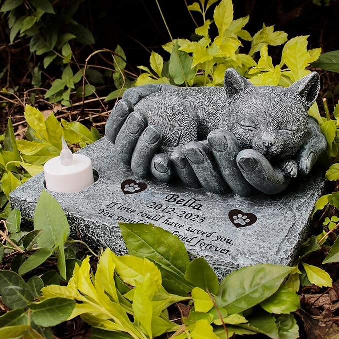 Personalized Cat Memorial Stones with Candle Holder, Cat Memorial Garden Stones with Sleeping Cat Statue in God's Hands Waterproof Cat Grave Markers Tombstones Headstone Sympathy Gifts, 8.5"x7.5"x4.7"
