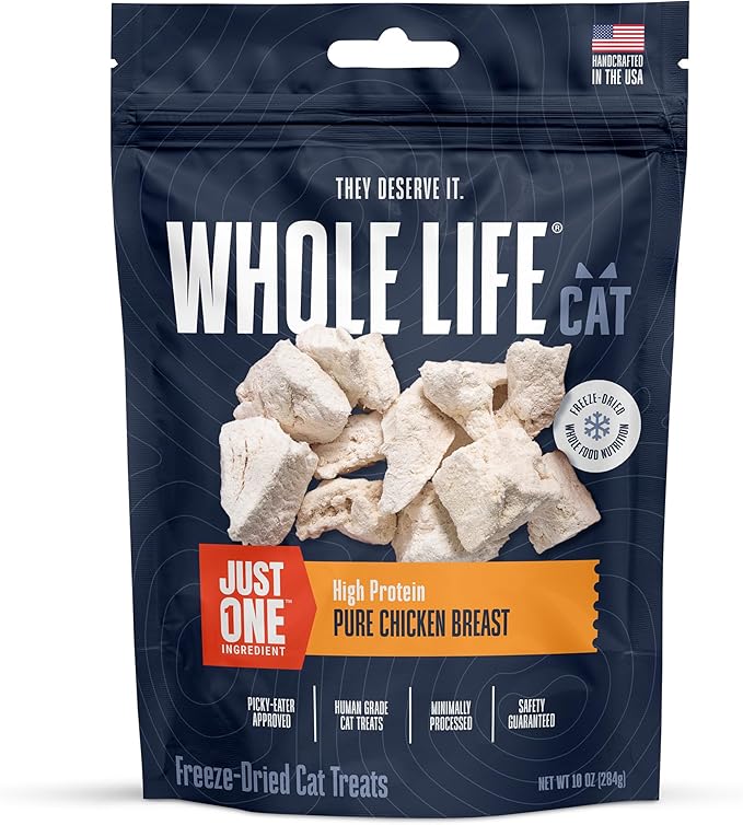 Whole Life Cat Just One Chicken Freeze Dried Cat Treats - Human Grade High Protein Food, Healthy Training Snacks, Freeze Dried Chicken Food Toppers, USA Made Natural Treats - 10 oz (Pack of 1)