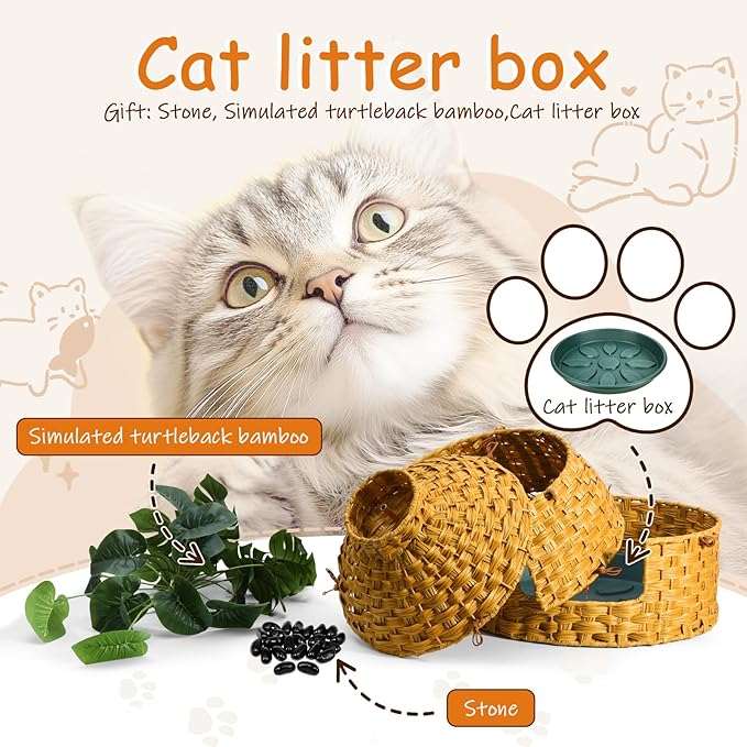 Cat Hidden Litter Box Enclosure Furniture with Artificial Plants,Handwoven Rattan with Cat Litter Box and Real Stones,in Living Room, Bedroom, Corner（Natural）