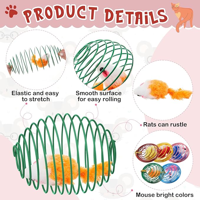 Jecery 5 Pcs Cat Spring Balls Stretchable Springs Toys Rolling Balls Colorful Playful Coils Interactive Spring Action Toy Caged Rats for Kitten Cat Pet Supplies Indoor (Mouse,Bright Color)