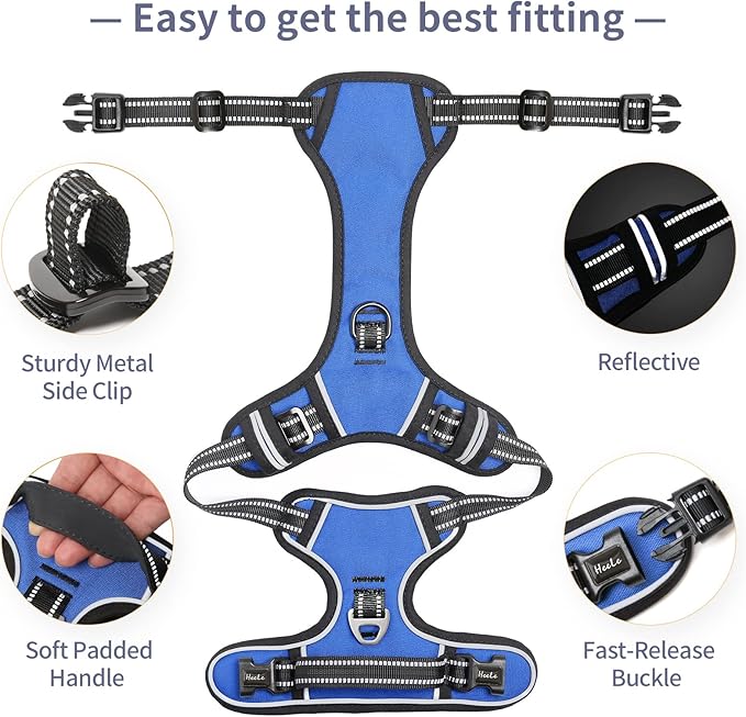 HEELE Dog Harness, No Pull Adjustable Padded Reflective Harness for Small Medium Large Dogs with Handle for Walking Training, Blue, XL