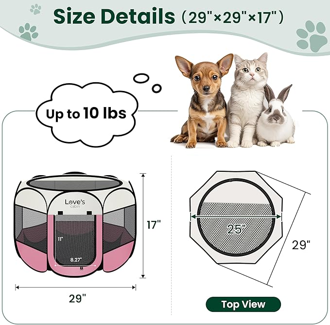 Love's cabin Pet Puppy Dog Playpen, Small Dog Tent Crates Cage Indoor/Outdoor, Portable Playpen for Cat, Foldable Pop Up Dog Kennel Playpen with Carring Case, Removable Zipper Top, Pink
