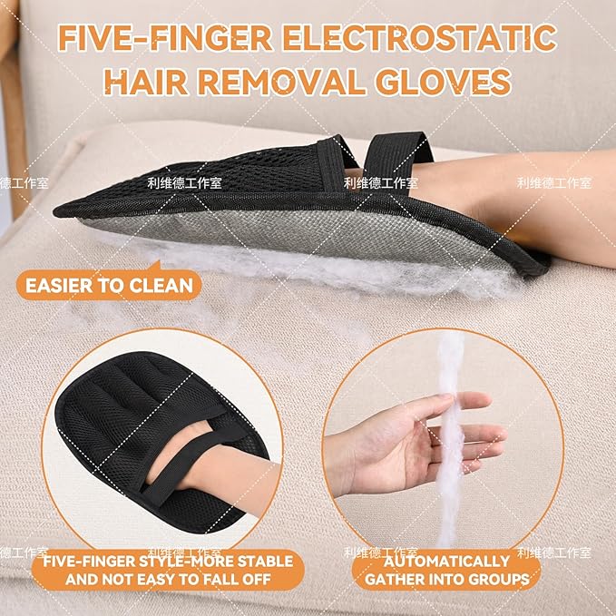 Pet Hair Remover Glove For Cats & Dogs 2pcs, Newly Upgraded Five-Finger Style Pet Hair Removal Tool Glove，Reusable Pet Hair Remover Electrostatic Gloves，Dog Hair Remover &Cat Hair Remover Clean Set