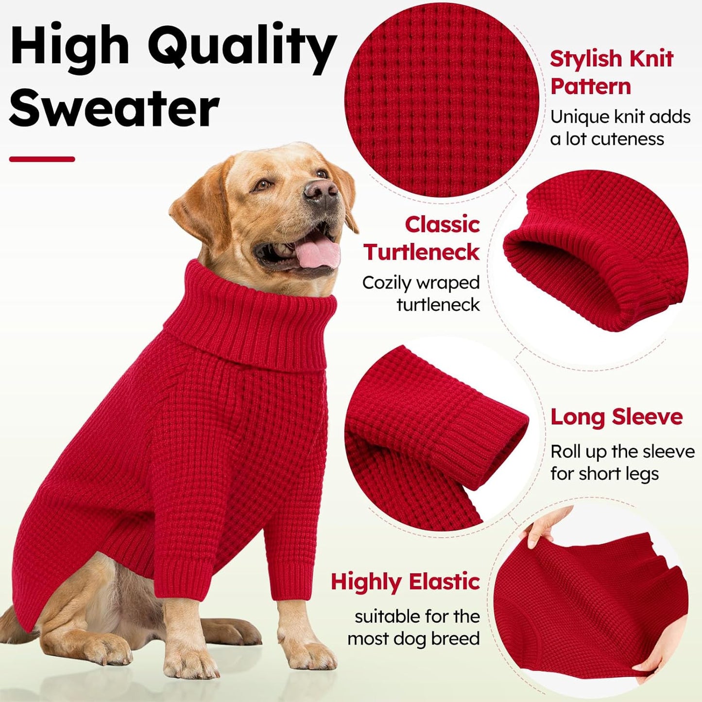 Queenmore Turtleneck Large Dog Sweater, Plaid Dog Sweater with Check Pattern, Long Sleeve Holiday Doggie Sweaters, Solid Pet Sweaters for Large Breeds, Red L