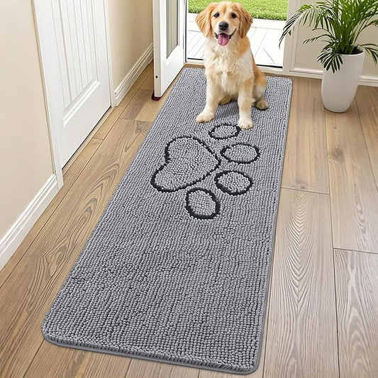 Smiry Dog Door Mat for Muddy Paws, Absorbent Dirt Trapper Non Slip Quick Dry Washable Chenille Mat for Mud Dogs, Entry Rug for Indoor and Outdoor (70x24 Inches, Grey)