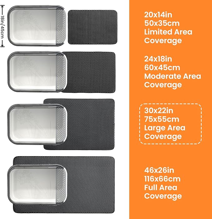 Extra Large Cat Litter Mat, 30x22 Inches Honeycomb Double Layer Cat Litter Trapping Mat, Non Slip Waterproof Urine Proof Large Kitty Litter Box Mat for Floor, Kitten Supplies, XL, Black