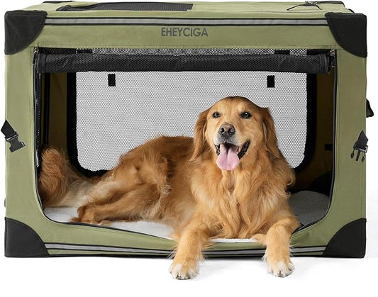 EHEYCIGA Collapsible Dog Crate 36 Inches, Portable Travel Crate for Large Dogs, Soft Foldable Pet Kennel with 4-Door Mesh Windows Indoor & Outdoor, Green