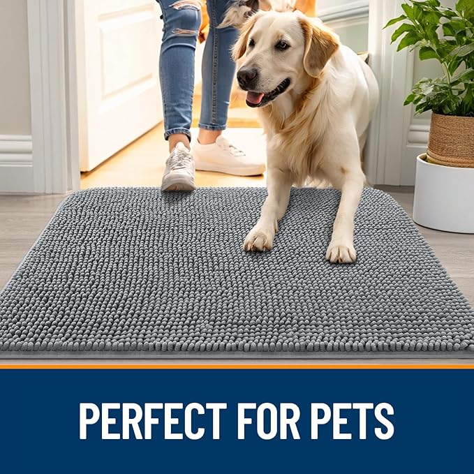 OLANLY Dog Door Mat Set 4-Piece 36x24, Absorbs Moisture and Dirt, Absorbent Non-Slip Washable Doormat, Quick Dry Chenille Mud Mat for Dogs, Entry Indoor Entryway Carpet for Inside Floor, Grey
