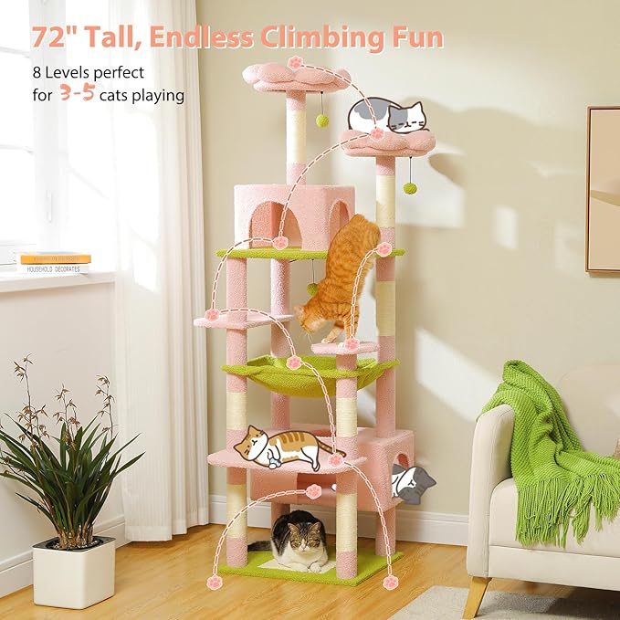 PAWZ Road Flower Cat Tree, 72 Inches Large Cat Tower with Steel Frame Hammock and 7 Scratching Posts, Tall Cat Tree with 2 Condos and Perches for Large Indoor Cats - Pink